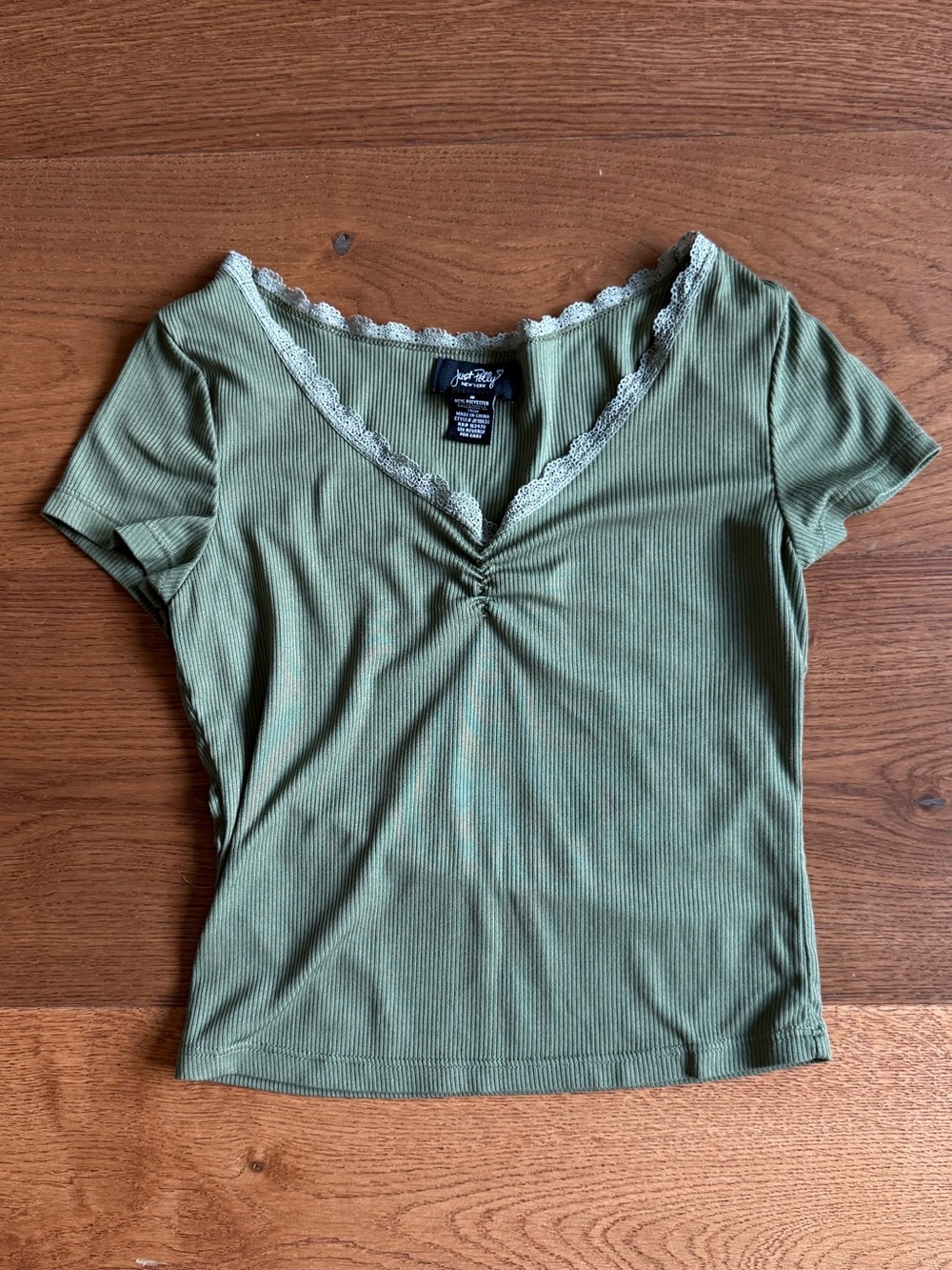 Just Polly Olive Green Ribbed Lace-Trim baby Tee size s